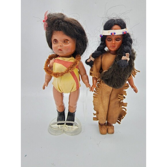Vintage Sleeping Eye Dolls Native American & Hawaiian & Knickerbocker Doll Stand - Picture 1 of 14